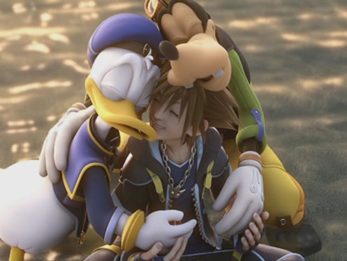 Screenshot of characters hugging in Kingdom Hearts 2 sourced from 4PlayerNetwork.com